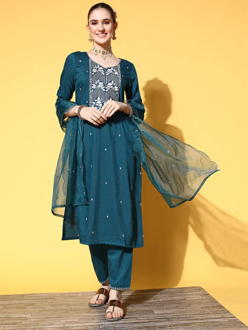 Varanga Women Teal Ethnic Motifs Embroidered Sequinned Kurta with Trousers & With Dupatta